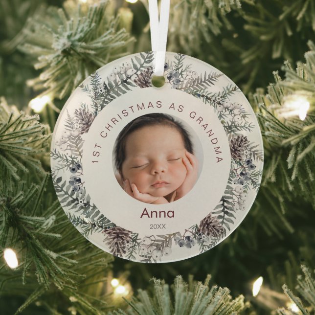  1st Christmas As Grandma Baby Photo Foliage Glass Tree Decoration (Insitu)