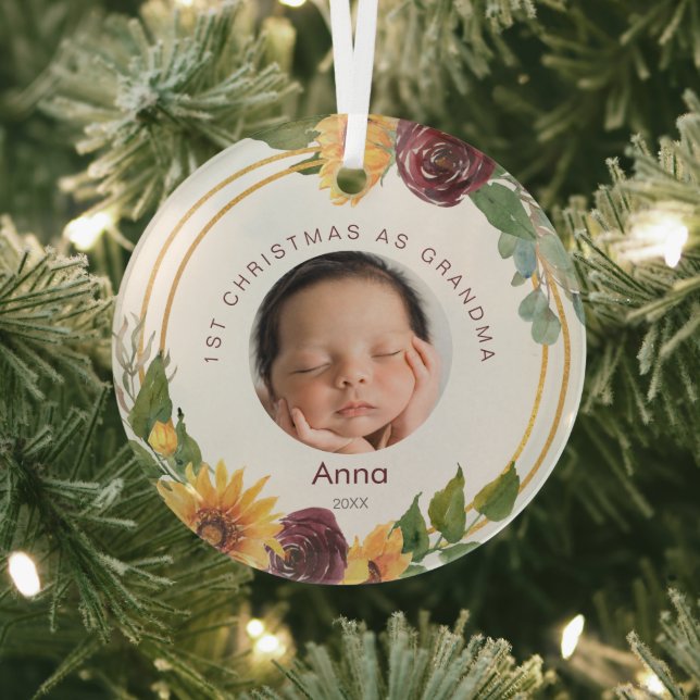  1st Christmas As Grandma Baby Photo Sunflowers Glass Tree Decoration (Insitu)