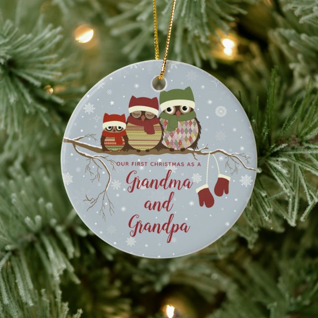 1st Christmas as Grandma Grandpa Owl Family Custom Ceramic Ornament (Tree)