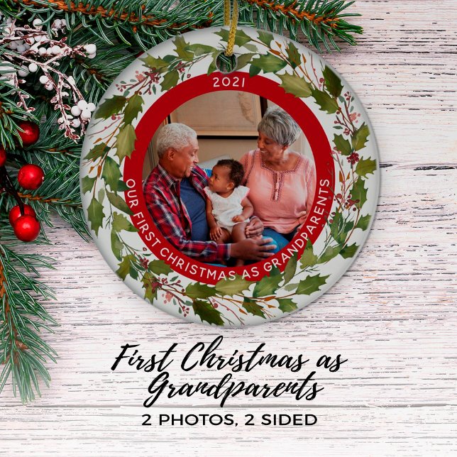 1st Christmas as Grandparents 2-Photo Wreath Ceram Ceramic Ornament (Creator Uploaded)