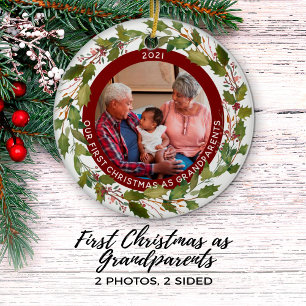 1st Christmas as Grandparents 2-Photo Wreath Ceramic Ornament