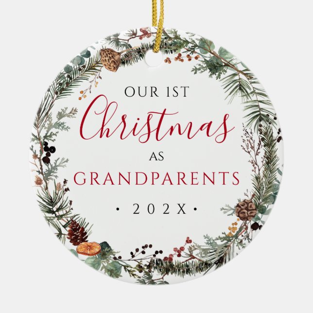1st Christmas as Grandparents Floral Wreath Photo  Ceramic Ornament (Front)