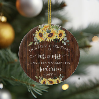 1st Christmas as Mr & Mrs Newlywed Wood Sunflowers Ceramic Ornament