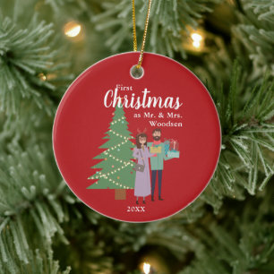 1st Christmas As Mr & Mrs Personalised Cute Couple Ceramic Ornament