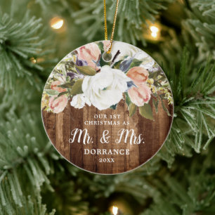 1st Christmas as Mr & Mrs Personalised Rustic Wood Ceramic Ornament