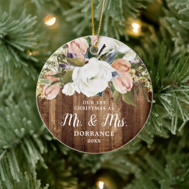 1st Christmas as Mr & Mrs Personalised Rustic Wood Ceramic Ornament (Tree)