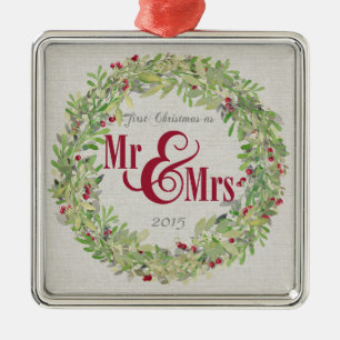 1st Christmas as Mr & Mrs Wreath grey burlap Metal Ornament