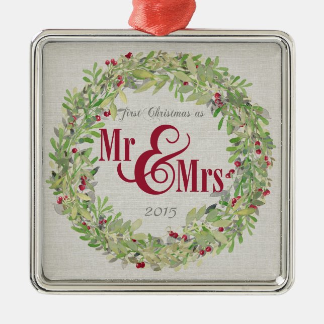 1st Christmas as Mr & Mrs Wreath grey burlap Metal Ornament (Front)