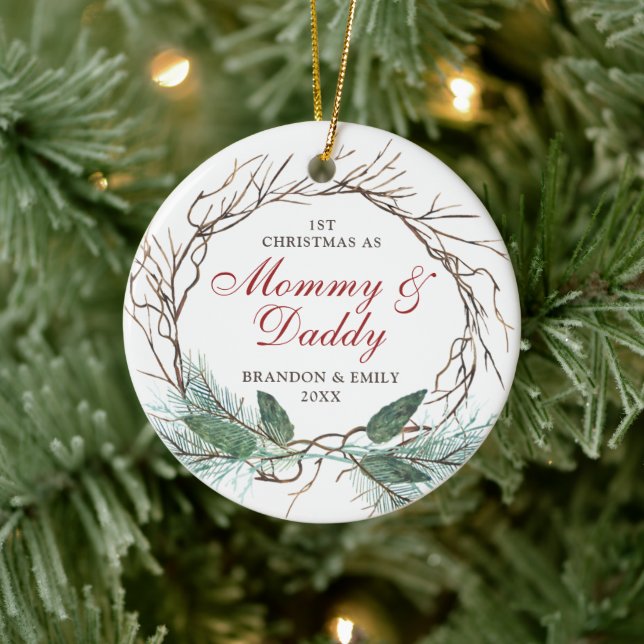 1st Christmas as Mummy Daddy Personalised Wreath Ceramic Ornament (Tree)