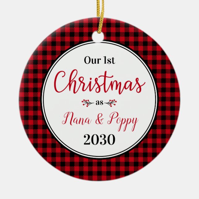 1st Christmas As Nana Poppy Red Buffalo Check  Ceramic Ornament (Front)