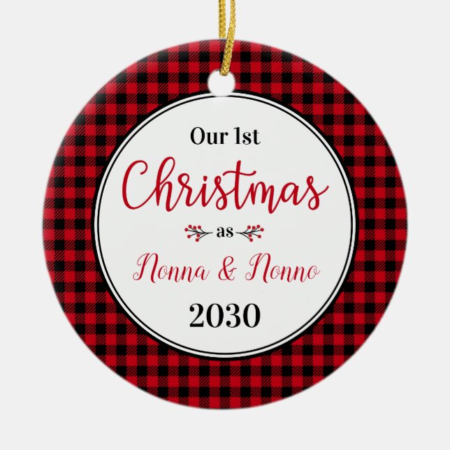 1st Christmas As Nonna Nonno Red Buffalo Check Ceramic Ornament (Front)