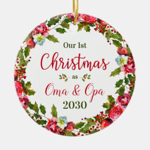 1st Christmas As Oma Opa Floral Photo Ceramic Ornament