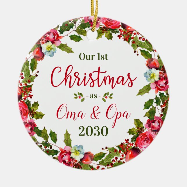 1st Christmas As Oma Opa Floral Photo Ceramic Ornament (Front)