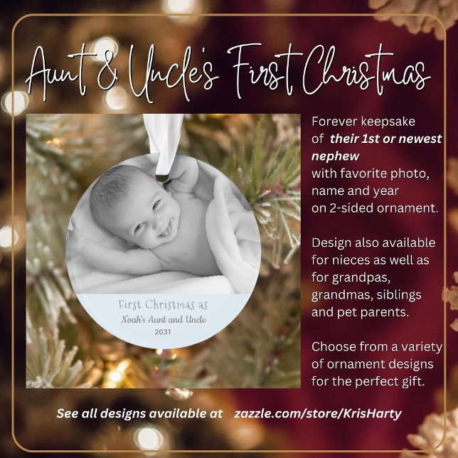 1st Christmas Aunt Uncle from Nephew Name Photo Ornament (First Christmas as Aunt and Uncle to 1st or newest nephew. Gift them this forever keepsake.)