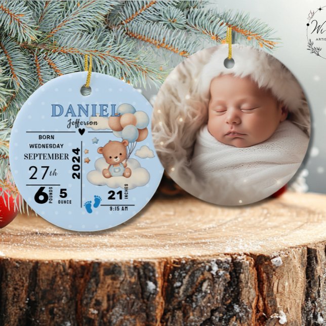 1st Christmas Baby Boy Birth Announcement Photo  Ceramic Ornament (Creator Uploaded)