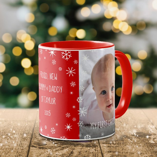 1st Christmas Baby Custom Photo New Mom Dad Red Mug (Creator Uploaded)