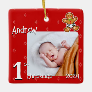 1st Christmas-Baby Gingerbread-Custom- Red Green Ceramic Ornament