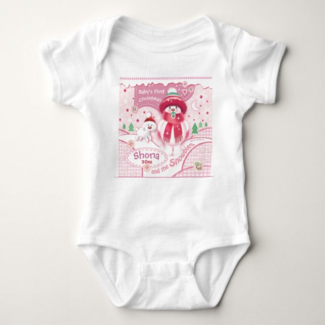 1st Christmas, Baby Girl. Cute Snowbie Bodysuit (Front)