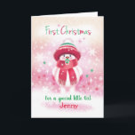 1st Christmas, baby girl, Snow baby & Pacifier Holiday Card<br><div class="desc">The illustration on this very cute Christmas card for a baby girl's 1st Christmas is that of a sweet snow baby with pink chubby cheeks and a red nose. Wearing a pink woollen hat, matching scarf and mittens, she happily sucks on a baby's pacifier (dummy) as stands against the pink...</div>