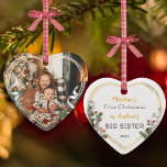 1st Christmas Big Sis Love Holly Pine Gold Frame Ceramic Ornament<br><div class="desc">Golden Line frame adorned with holly, pine and ribbon ornament to display your own special memory of new baby. Heart shape is a perfect symbol for love. The bright and shiny gold line border encircles your memorial photo. The holly, pine and silk ribbon complete the whole design with a joyful...</div>