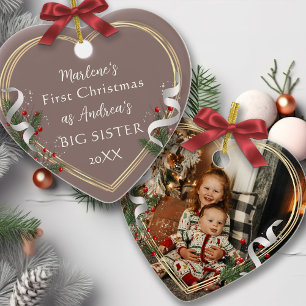 1st Christmas Big Sis Love Holly Pine Gold Frame Ceramic Ornament