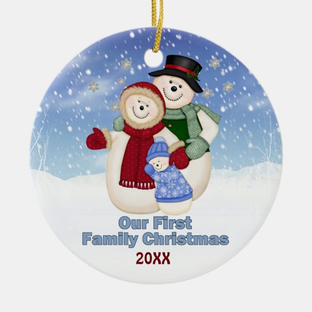 1st Christmas Blue Frosty Snowman Family Ceramic Ornament (Front)
