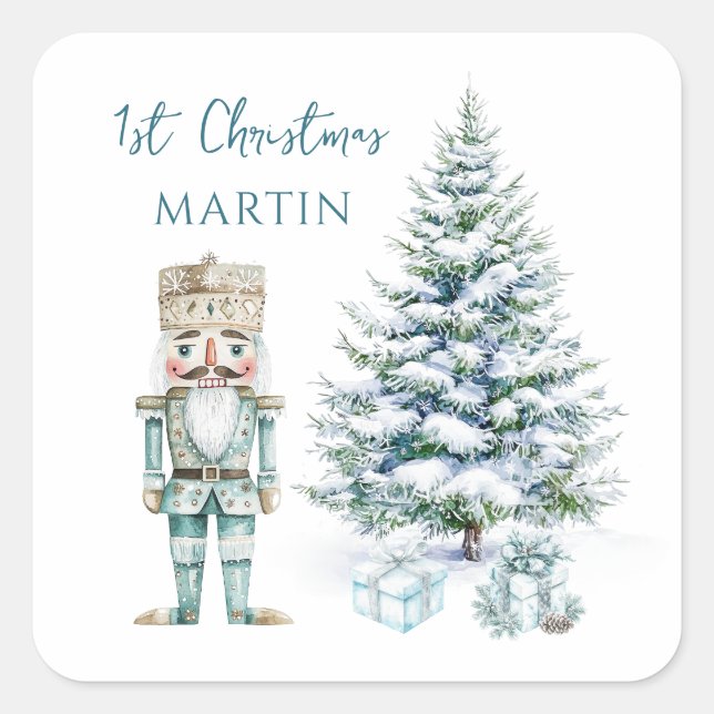 1st Christmas Blue Nutcracker Snowy Tree Square Sticker (Front)