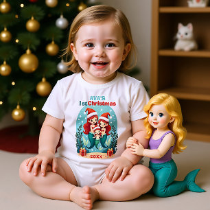 1st Christmas, custom text, Merry Mer-Milestone Baby Bodysuit