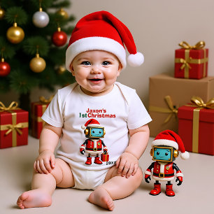 🎄1st Christmas, custom text, Santa-Bot Sleighs Baby Bodysuit