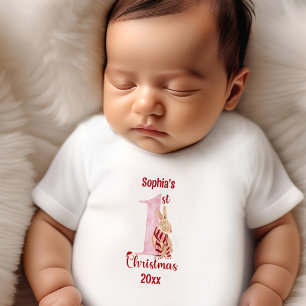 1st Christmas Cute Bunny Pink Red Name Girl Baby T-Shirt