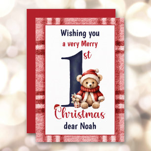 1st Christmas Cute Teddy Bear Baby Boy Red Blue Holiday Card
