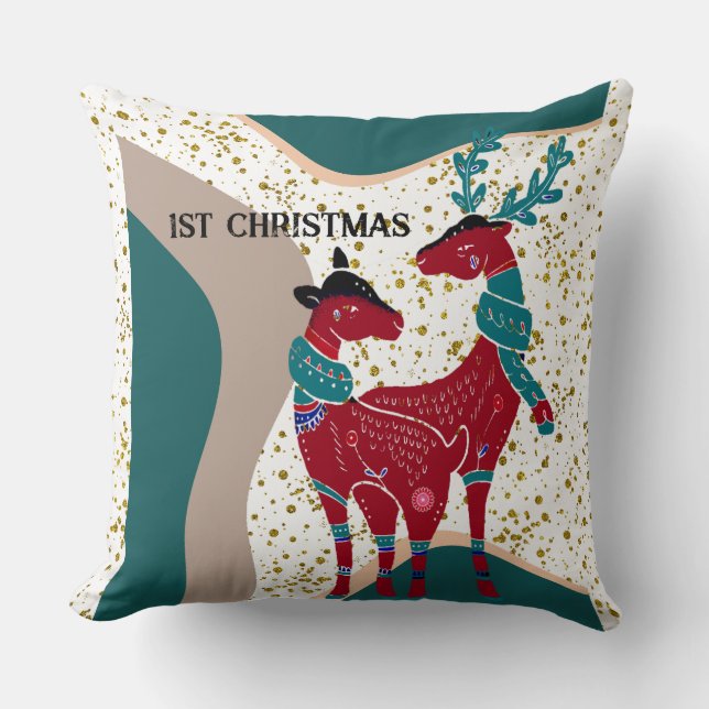 1st Christmas Deer Couple Nordic Snow Hail Boho   Cushion (Front)