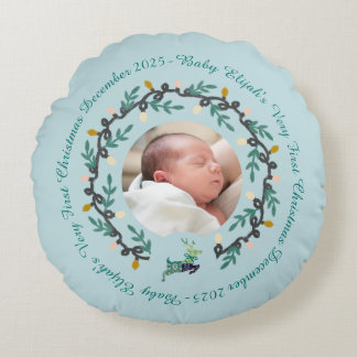 1st Christmas Deer with Wreath Teal Round Cushion