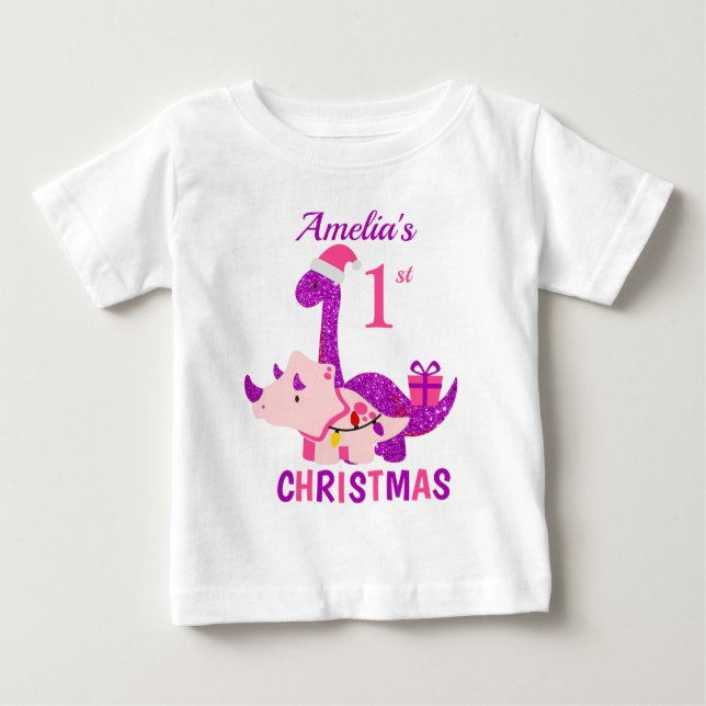 1st Christmas Dinosaur Purple Glitter Baby T-Shirt (Front)