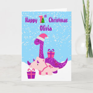 1st Christmas Dinosaur Purple Personalised  Card