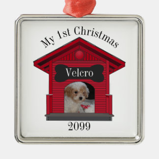 1st Christmas Dog Upload Photo Dog House w Bone Metal Ornament