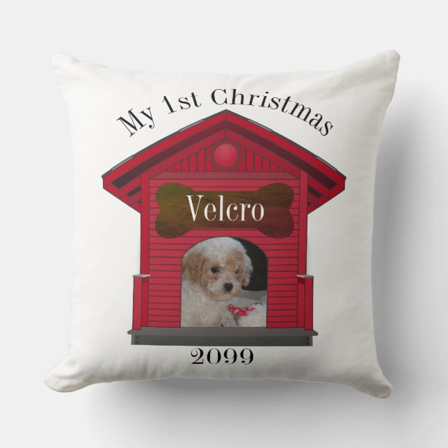 1st Christmas Dog Upload Photo Dog House w Bone Sq Cushion (Front)