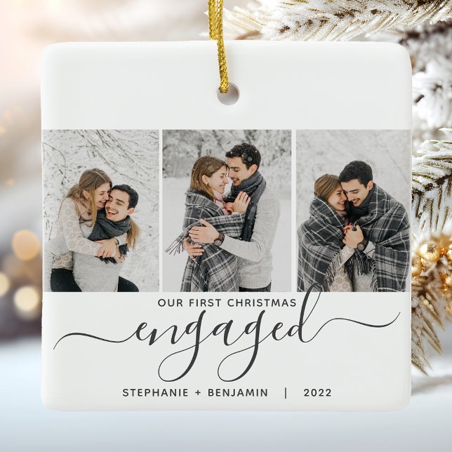 1st Christmas Engaged 3 Photo Collage Grey Script Ceramic Ornament (Creator Uploaded)
