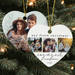 1st Christmas Engaged Minimal Unique 4 Photo Heart Ceramic Ornament<br><div class="desc">Celebrate the joyful 1st holiday of your engagement with a custom 4 photo collage "Our First Christmas Engaged" heart-shaped ceramic ornament. All wording and pictures on this template are simple to personalise. (IMAGE PLACEMENT TIP: An easy way to position an image exactly how you want is to crop it before...</div>