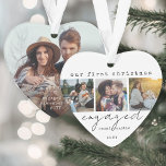 1st Christmas Engaged Minimal Unique 4 Photo Heart Ornament<br><div class="desc">Celebrate the joyful 1st holiday of your engagement with a custom 4 photo collage "Our First Christmas Engaged" heart-shaped acrylic ornament. All wording and pictures on this template are simple to personalise. (IMAGE PLACEMENT TIP: An easy way to position an image exactly how you want is to crop it before...</div>