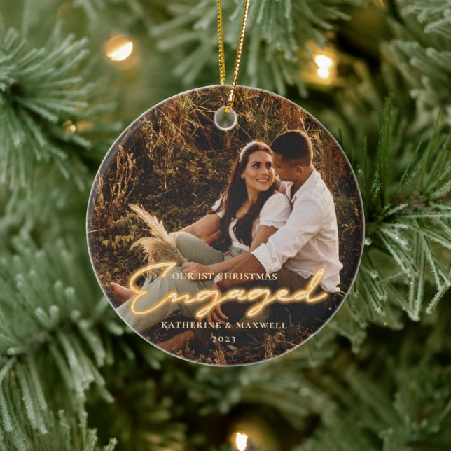 1st Christmas Engaged Neon Lettering Photo Ceramic Ornament (Tree)