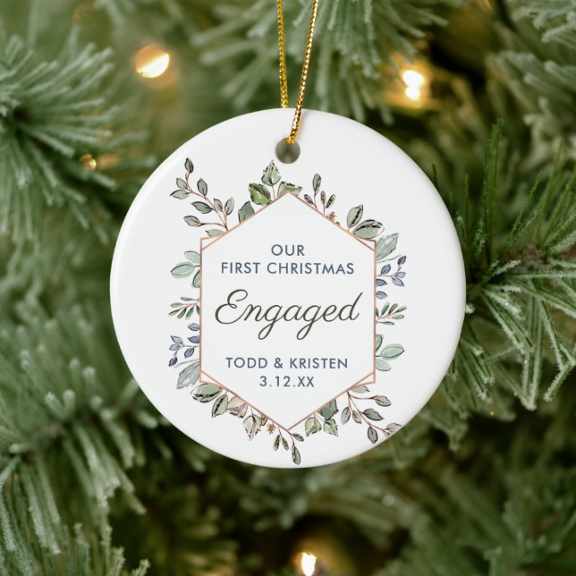1st Christmas Engaged Personalised Greenery Frame Ceramic Ornament (Tree)