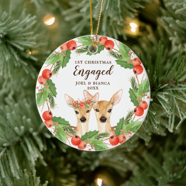 1st Christmas Engaged Personalised Holiday Deer Ceramic Ornament (Tree)