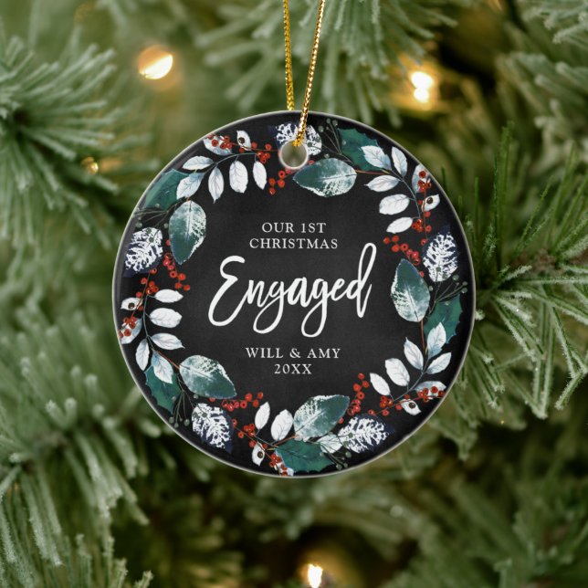 1st Christmas Engaged Personalised Holly Greenery Ceramic Ornament (Tree)