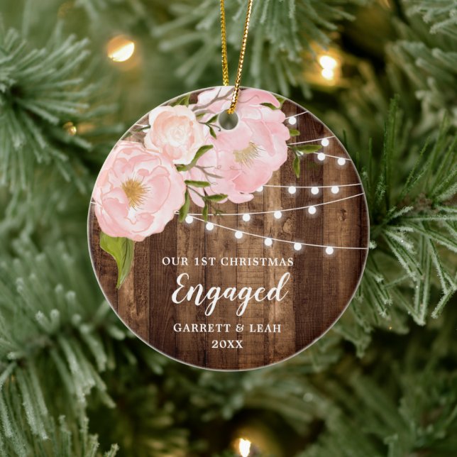 1st Christmas Engaged Personalised Rustic Peonies Ceramic Ornament (Tree)