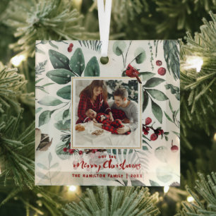 1st Christmas Family 2-Photo Watercolor Holly  Glass Tree Decoration