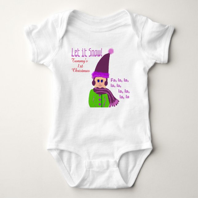 1st Christmas Girl Purple Hat Let it Snow Baby Bodysuit (Front)
