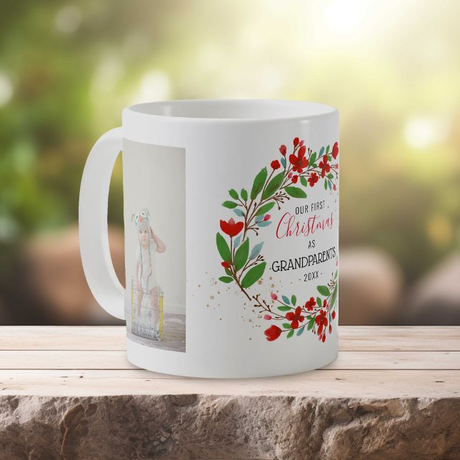 1st Christmas | Grandparents Floral Wreath 2 Photo Coffee Mug (Creator Uploaded)