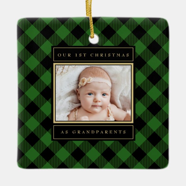 1st Christmas Grandparents Green Gold Plaid Photo Ceramic Ornament (Front)