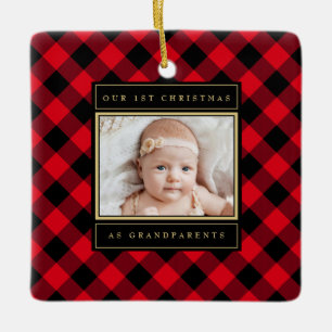 1st Christmas Grandparents Red Gold Plaid Photo Ceramic Ornament